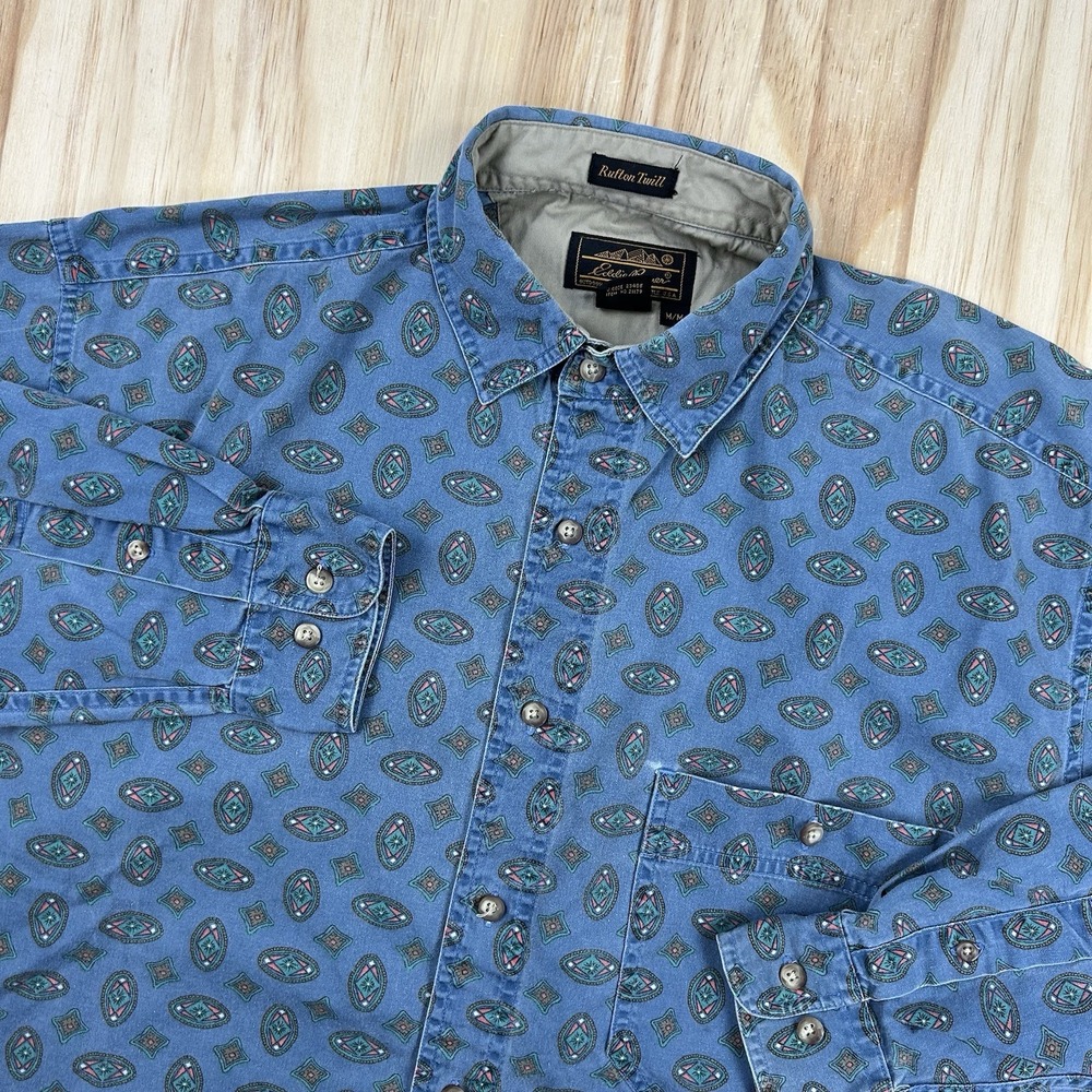 Vintage 90s Eddie Bauer Rufton Twill Paisley Button Shirt Blue Colorful Men's M